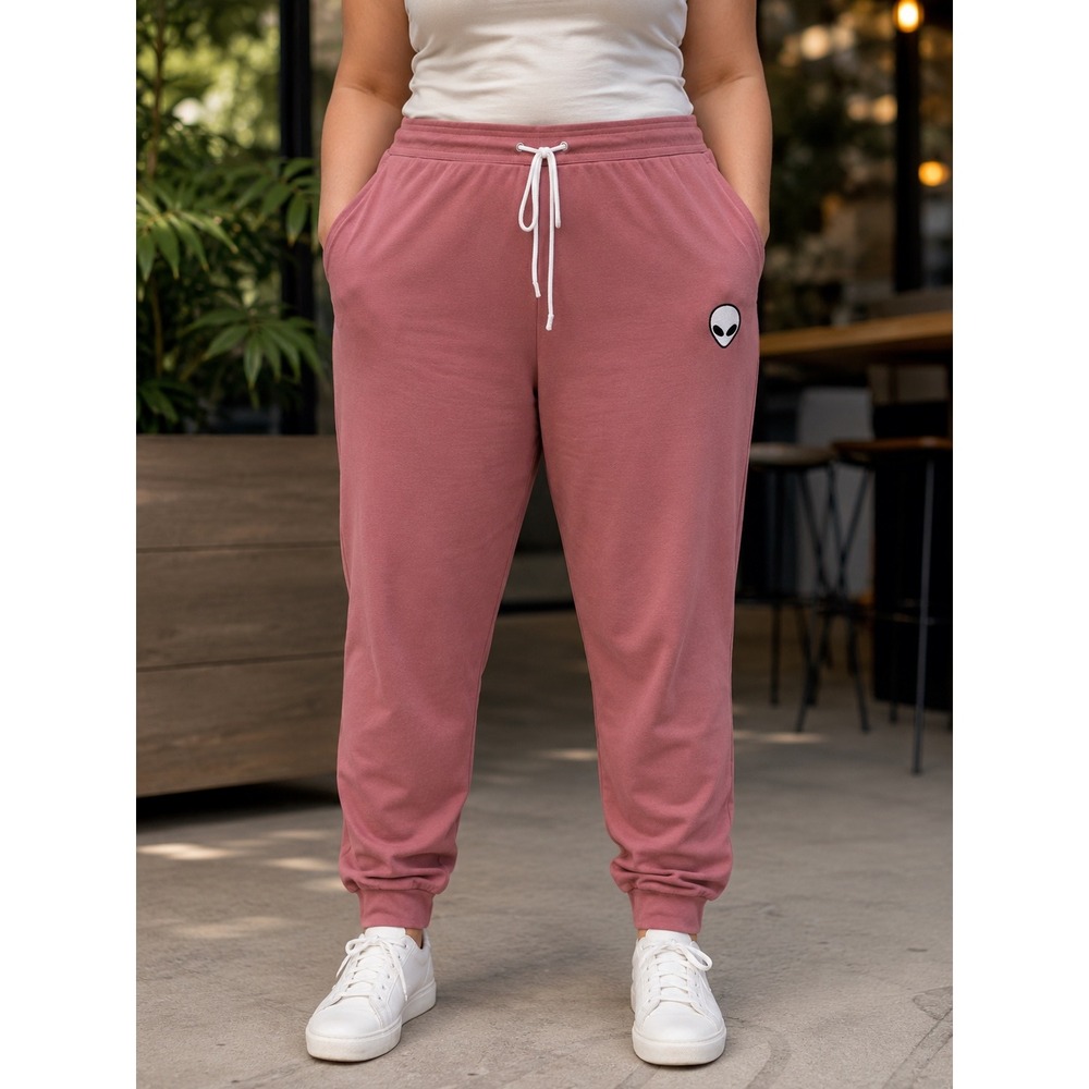 Dalix Alien Embroidered Joggers Womens Large Mauve Pink Fleece Sweatpants NWT